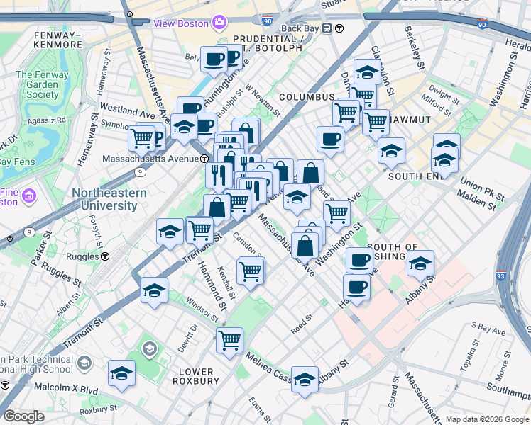 map of restaurants, bars, coffee shops, grocery stores, and more near 782-A-C Tremont Street in Boston