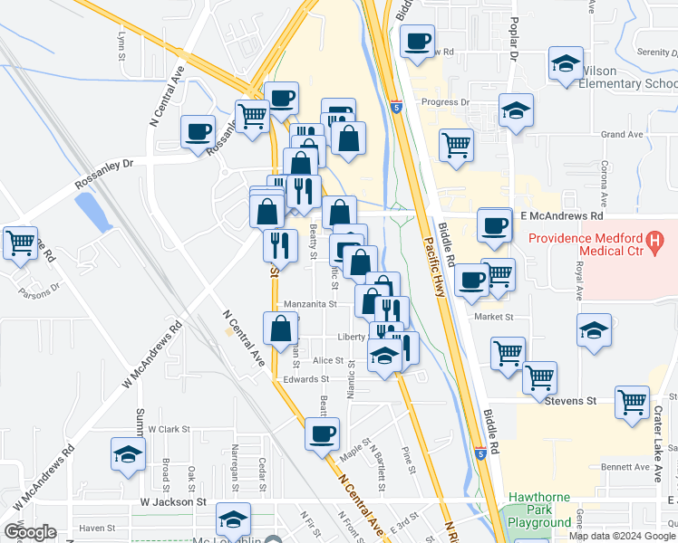 map of restaurants, bars, coffee shops, grocery stores, and more near 1257 North Riverside Avenue in Medford