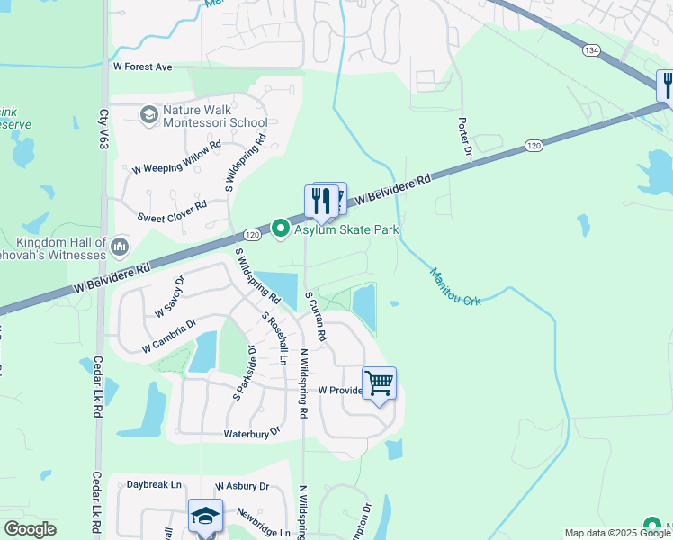 map of restaurants, bars, coffee shops, grocery stores, and more near 132 West Chatham Lane in Round Lake