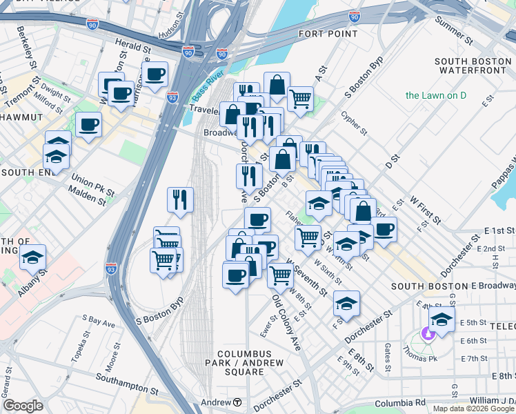 map of restaurants, bars, coffee shops, grocery stores, and more near 2 West Sixth Street in Boston
