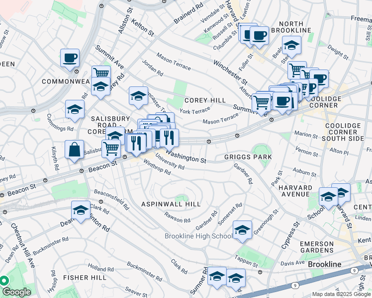 map of restaurants, bars, coffee shops, grocery stores, and more near 1581 Beacon Street in Brookline