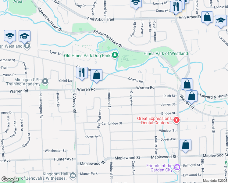 map of restaurants, bars, coffee shops, grocery stores, and more near 32261 Warren Road in Garden City