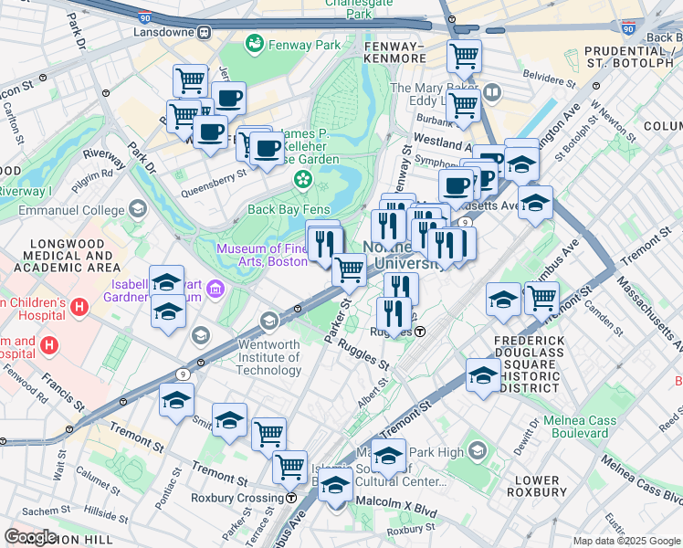 map of restaurants, bars, coffee shops, grocery stores, and more near in Boston