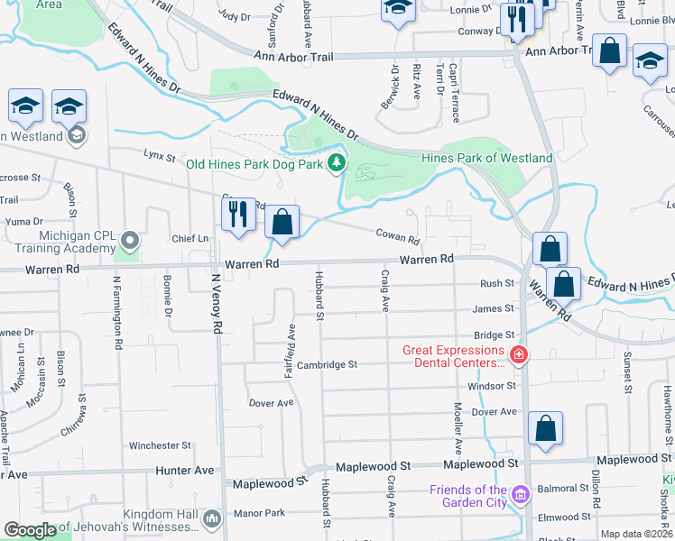 map of restaurants, bars, coffee shops, grocery stores, and more near 32261 Warren Rd in Garden City