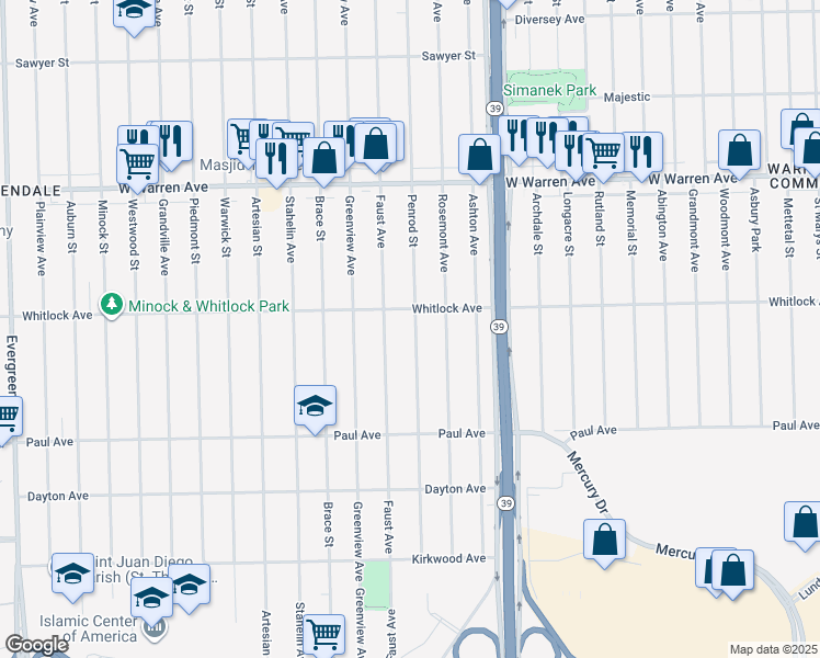 map of restaurants, bars, coffee shops, grocery stores, and more near 6515 Penrod Street in Detroit