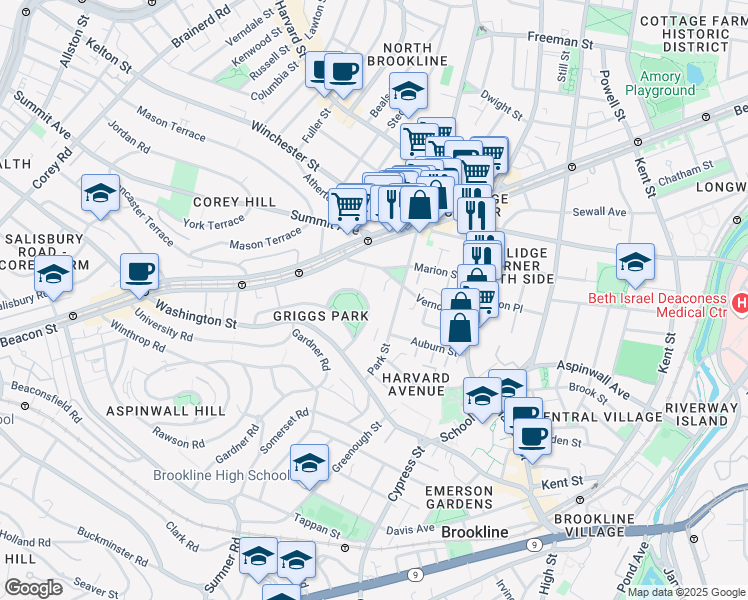 map of restaurants, bars, coffee shops, grocery stores, and more near 5 Griggs Terrace in Brookline