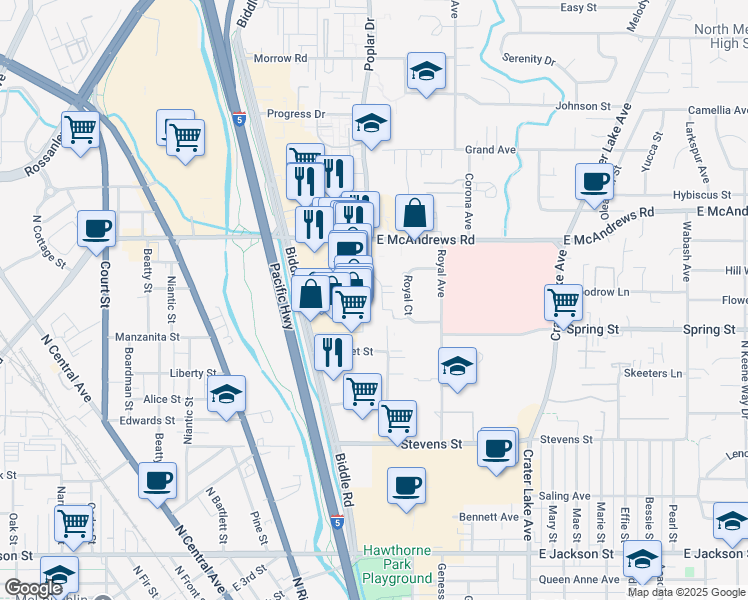 map of restaurants, bars, coffee shops, grocery stores, and more near 970 Biddle Road in Medford