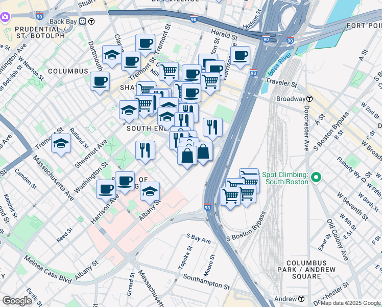 map of restaurants, bars, coffee shops, grocery stores, and more near 46 Wareham Street in Boston