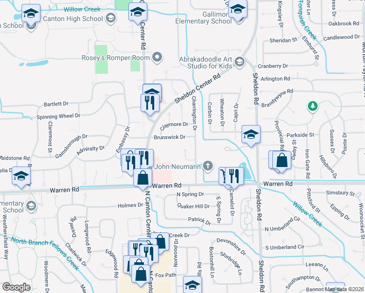 map of restaurants, bars, coffee shops, grocery stores, and more near 45093 Rolling Ridge Court in Canton