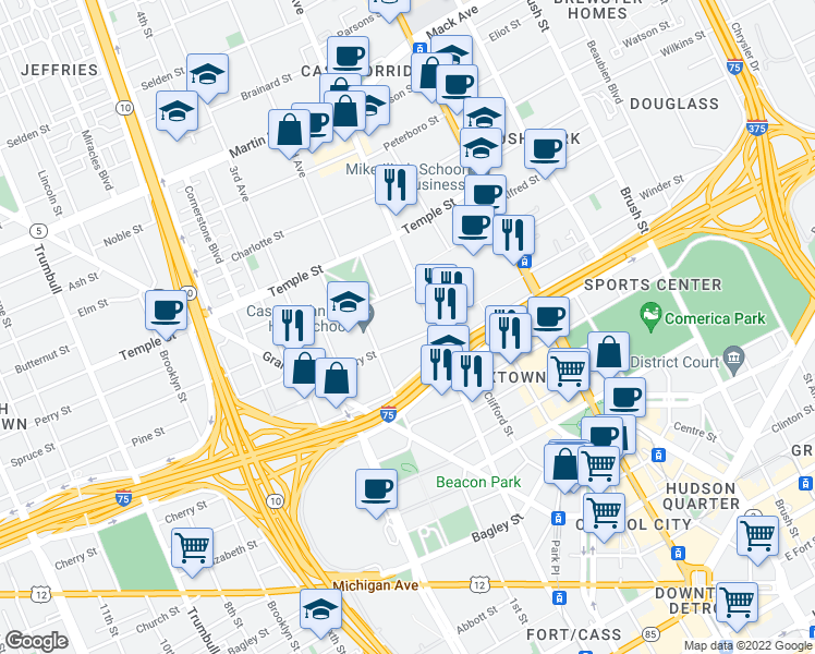 map of restaurants, bars, coffee shops, grocery stores, and more near 448 Henry Street in Detroit