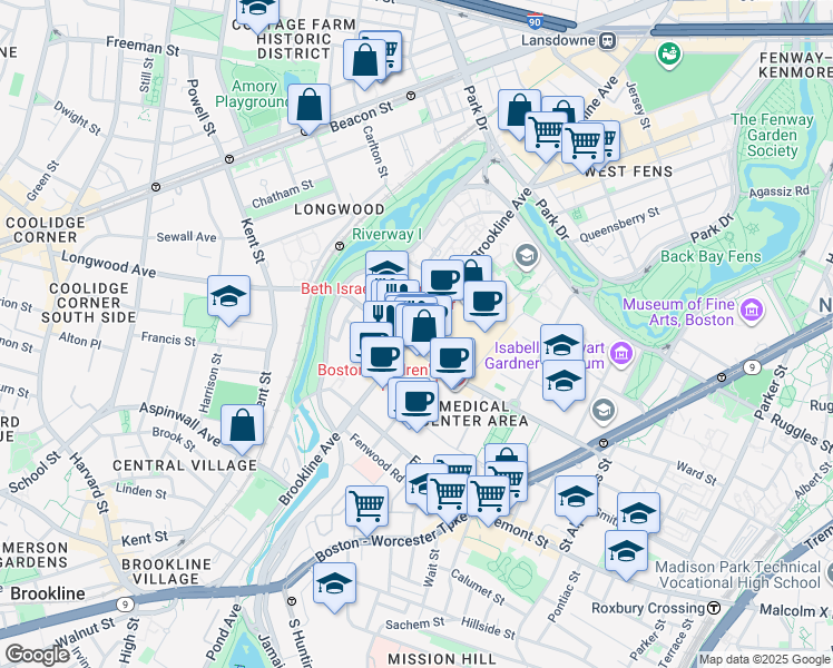 map of restaurants, bars, coffee shops, grocery stores, and more near 364 Brookline Avenue in Boston