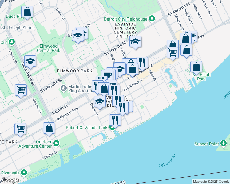 map of restaurants, bars, coffee shops, grocery stores, and more near 2902 Woodbridge Street in Detroit