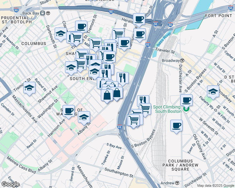 map of restaurants, bars, coffee shops, grocery stores, and more near 141 Malden Street in Boston