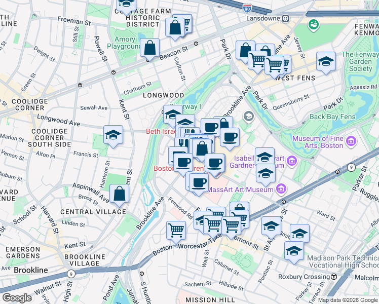 map of restaurants, bars, coffee shops, grocery stores, and more near 364 Longwood Avenue in Boston