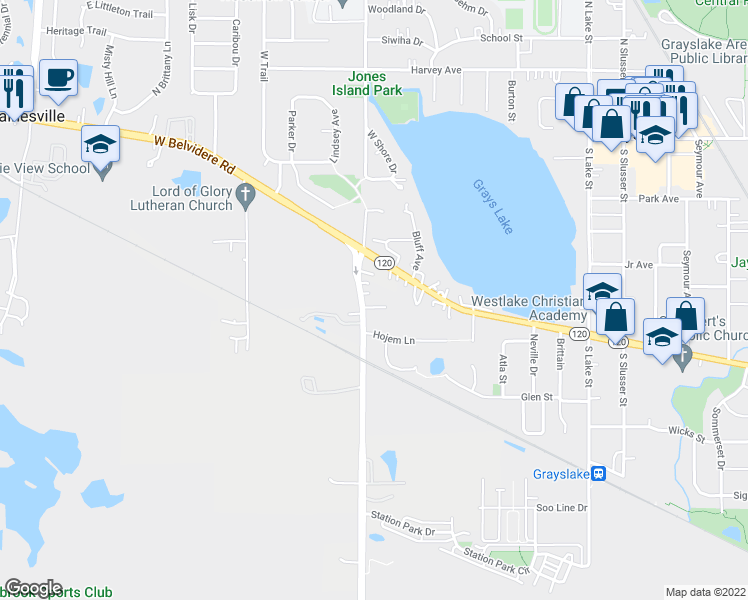 map of restaurants, bars, coffee shops, grocery stores, and more near 382 Warren Lane in Grayslake