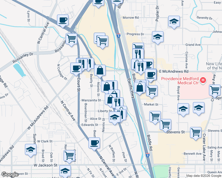 map of restaurants, bars, coffee shops, grocery stores, and more near 1240 North Riverside Avenue in Medford
