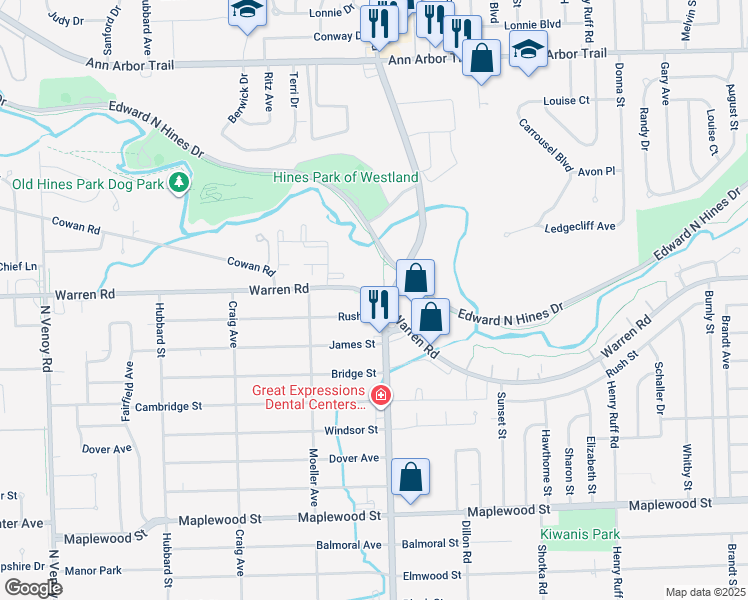 map of restaurants, bars, coffee shops, grocery stores, and more near 7169 Merriman Road in Garden City