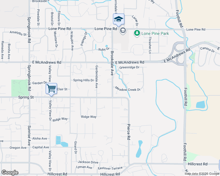 map of restaurants, bars, coffee shops, grocery stores, and more near 2400 Meadow Creek Drive in Medford