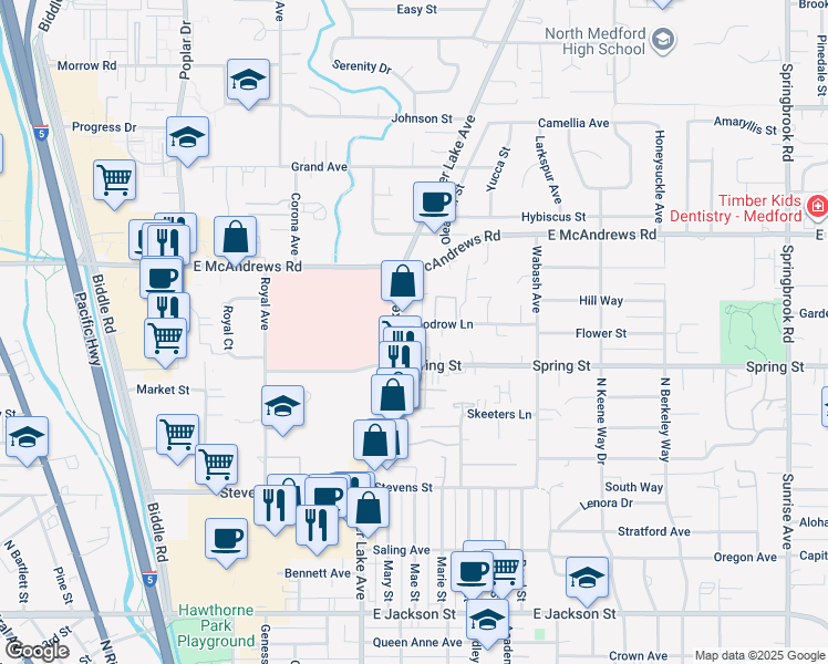 map of restaurants, bars, coffee shops, grocery stores, and more near 1040 Crater Lake Avenue in Medford