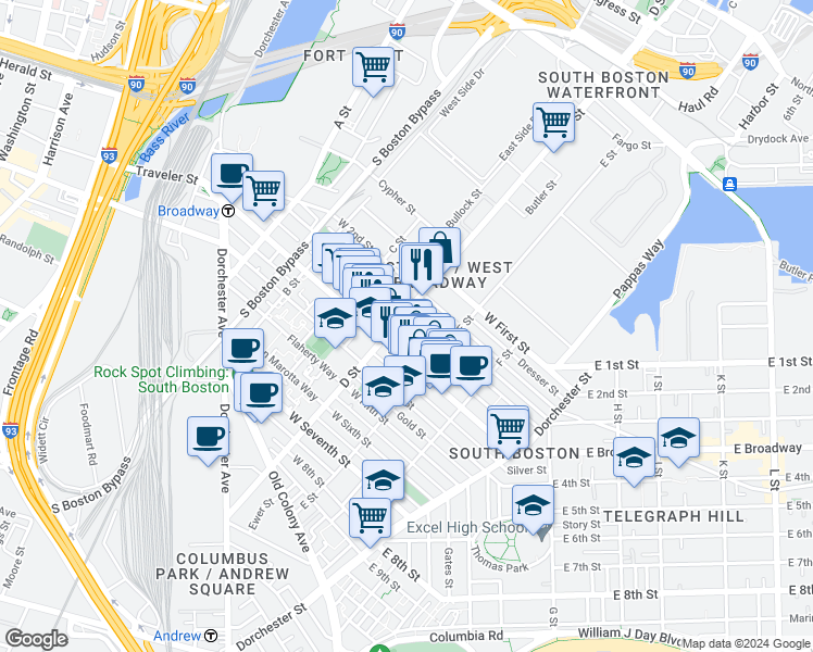 map of restaurants, bars, coffee shops, grocery stores, and more near in Boston