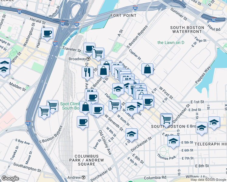 map of restaurants, bars, coffee shops, grocery stores, and more near 23 Saint Casimir Street in Boston