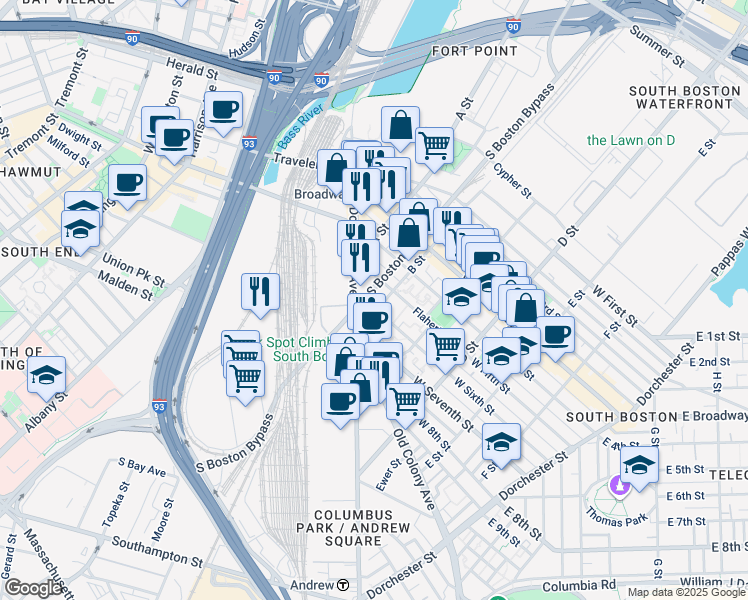 map of restaurants, bars, coffee shops, grocery stores, and more near 2 West Sixth Street in Boston