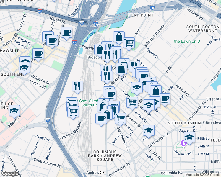 map of restaurants, bars, coffee shops, grocery stores, and more near 2 6th Street in Boston