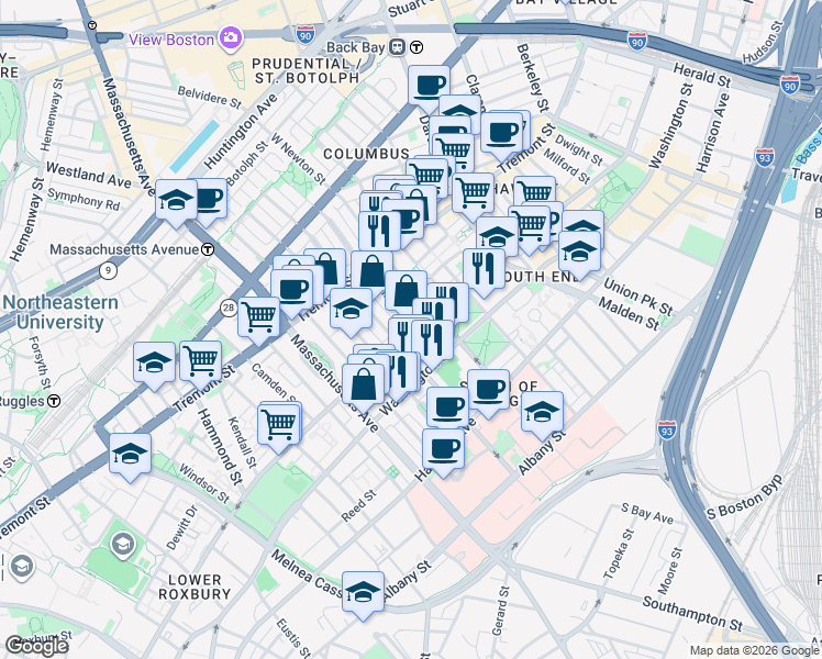 map of restaurants, bars, coffee shops, grocery stores, and more near 97 West Concord Street in Boston