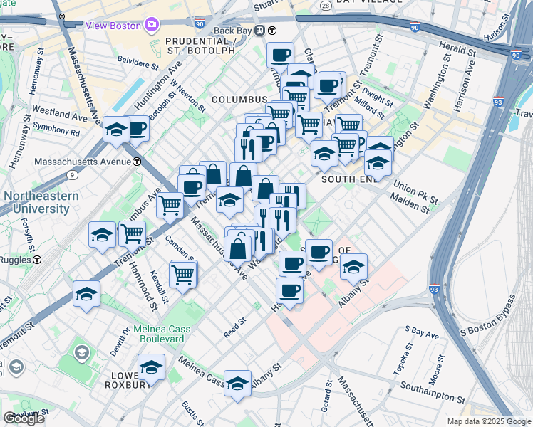 map of restaurants, bars, coffee shops, grocery stores, and more near 97 West Concord Street in Boston