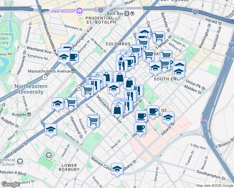 map of restaurants, bars, coffee shops, grocery stores, and more near 59 Worcester Street in Boston