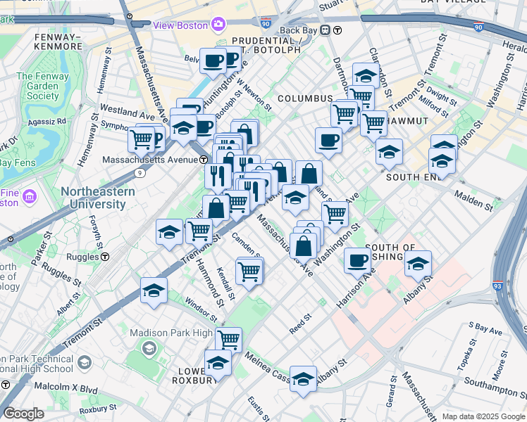 map of restaurants, bars, coffee shops, grocery stores, and more near in Boston