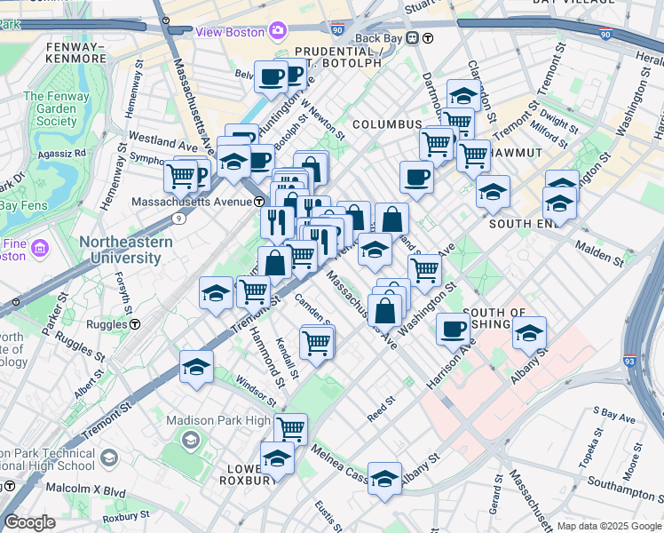 map of restaurants, bars, coffee shops, grocery stores, and more near in Boston