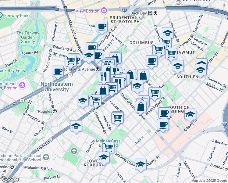 map of restaurants, bars, coffee shops, grocery stores, and more near in Boston