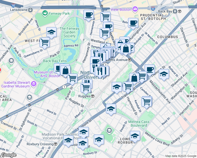 map of restaurants, bars, coffee shops, grocery stores, and more near 360 Huntington Avenue in Boston