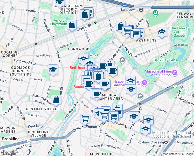 map of restaurants, bars, coffee shops, grocery stores, and more near in Boston
