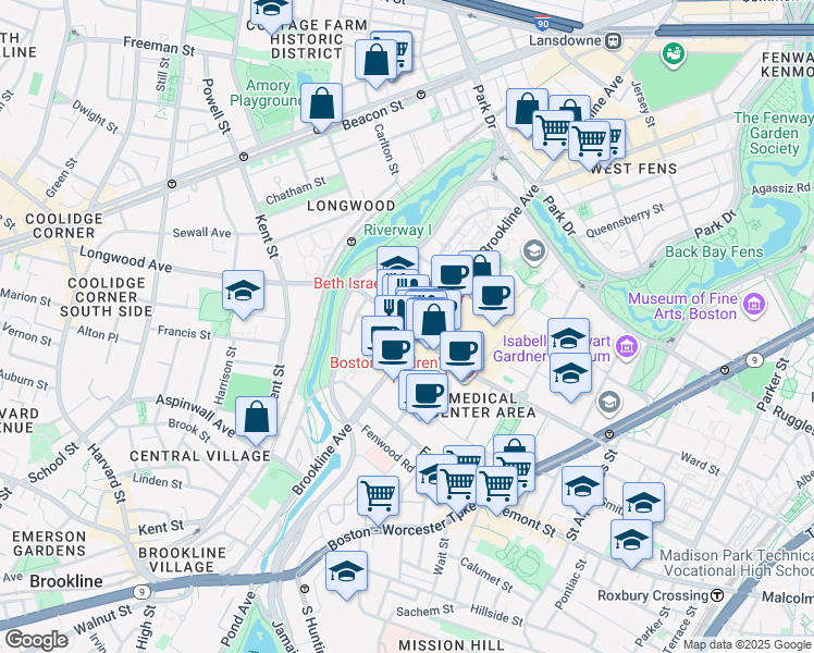 map of restaurants, bars, coffee shops, grocery stores, and more near 350 Longwood Avenue in Boston