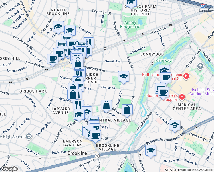 map of restaurants, bars, coffee shops, grocery stores, and more near 80 Francis Street in Brookline