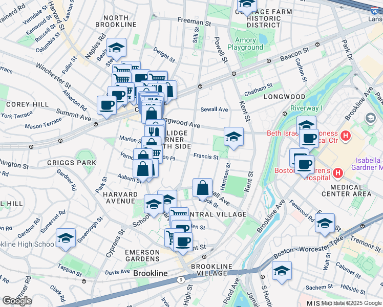 map of restaurants, bars, coffee shops, grocery stores, and more near 65 Saint Paul Street in Brookline