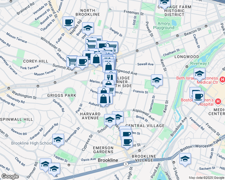 map of restaurants, bars, coffee shops, grocery stores, and more near 181 Harvard Street in Brookline