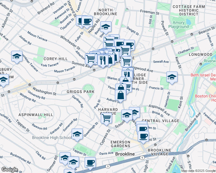 map of restaurants, bars, coffee shops, grocery stores, and more near 54 Vernon Street in Brookline