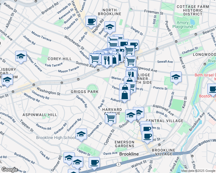 map of restaurants, bars, coffee shops, grocery stores, and more near 54 Vernon Street in Brookline