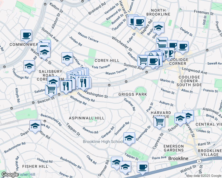 map of restaurants, bars, coffee shops, grocery stores, and more near in Brookline