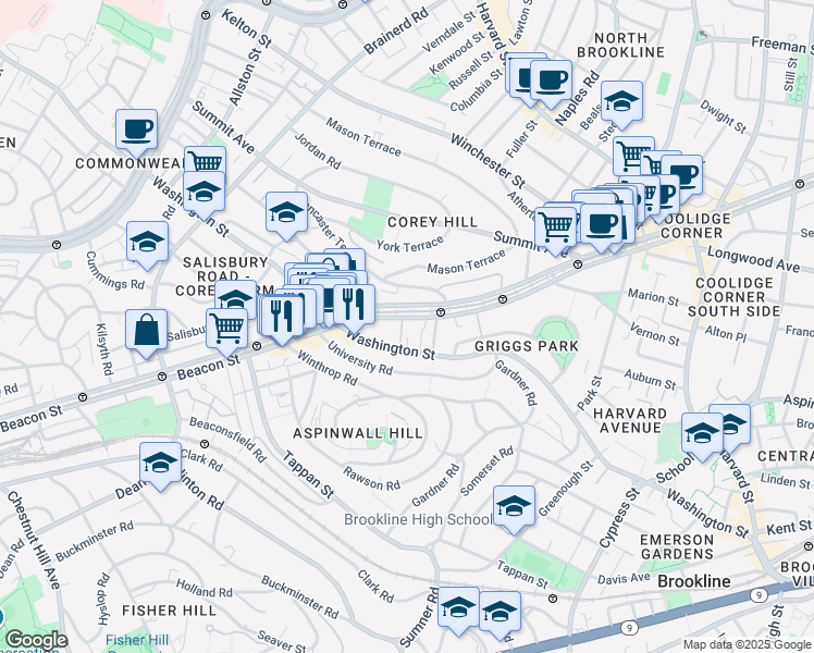 map of restaurants, bars, coffee shops, grocery stores, and more near 1581 Beacon Street in Brookline