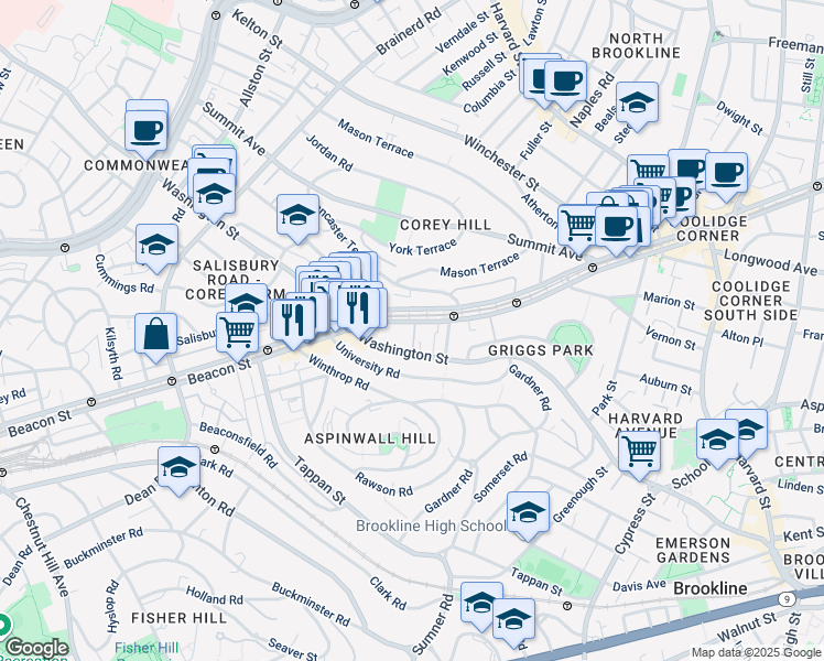 map of restaurants, bars, coffee shops, grocery stores, and more near 1581 Beacon Street in Brookline