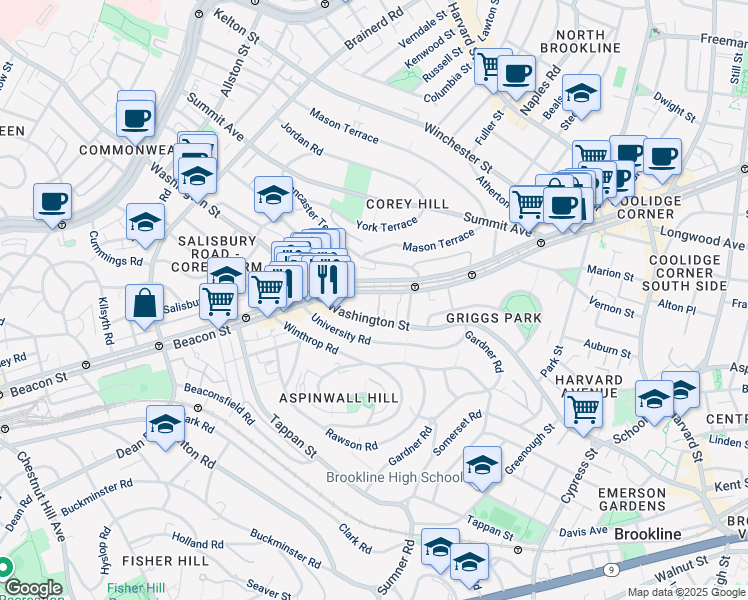 map of restaurants, bars, coffee shops, grocery stores, and more near 1581 Beacon Street in Brookline