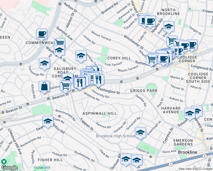 map of restaurants, bars, coffee shops, grocery stores, and more near 1581 Beacon Street in Brookline
