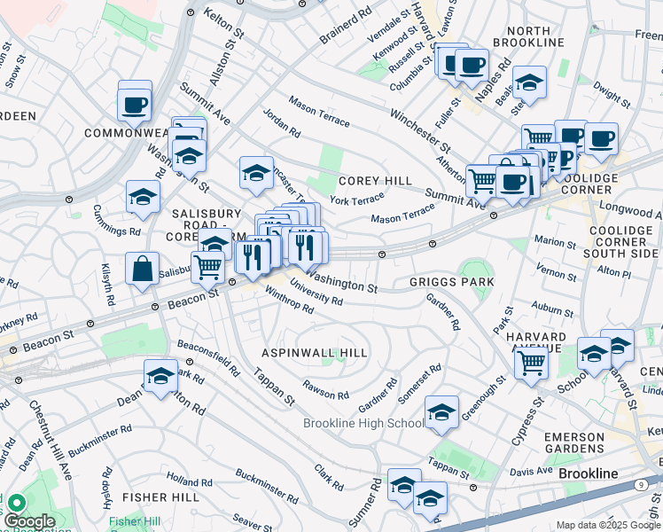 map of restaurants, bars, coffee shops, grocery stores, and more near 1581 Beacon Street in Brookline