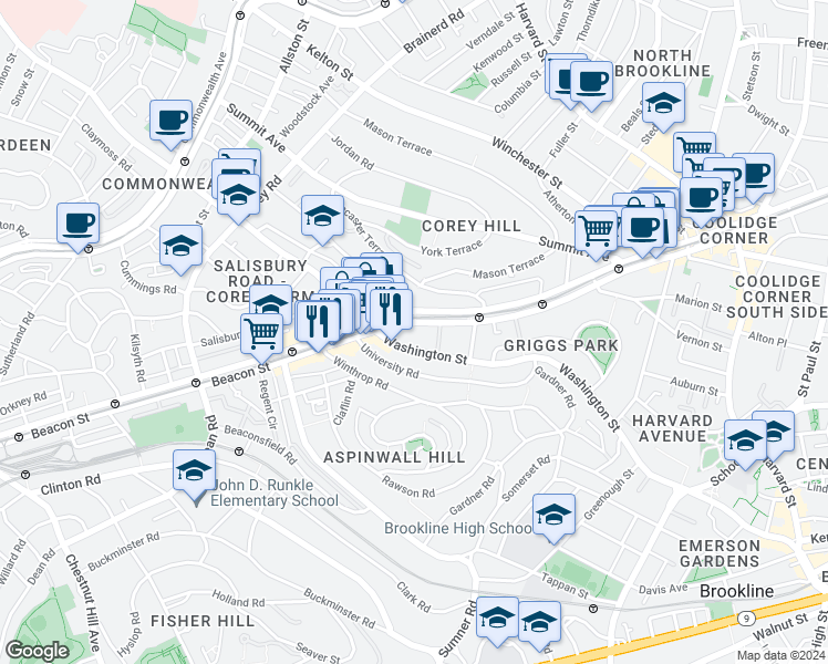 map of restaurants, bars, coffee shops, grocery stores, and more near 1581 Beacon Street in Brookline