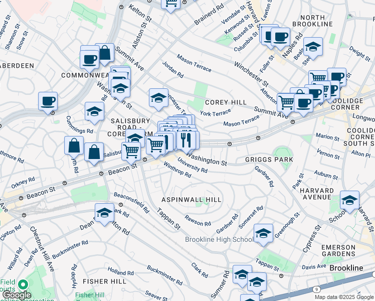 map of restaurants, bars, coffee shops, grocery stores, and more near 714 Washington Street in Brookline