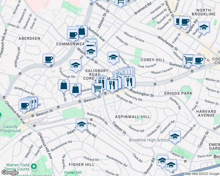 map of restaurants, bars, coffee shops, grocery stores, and more near 1674 Beacon Street in Brookline